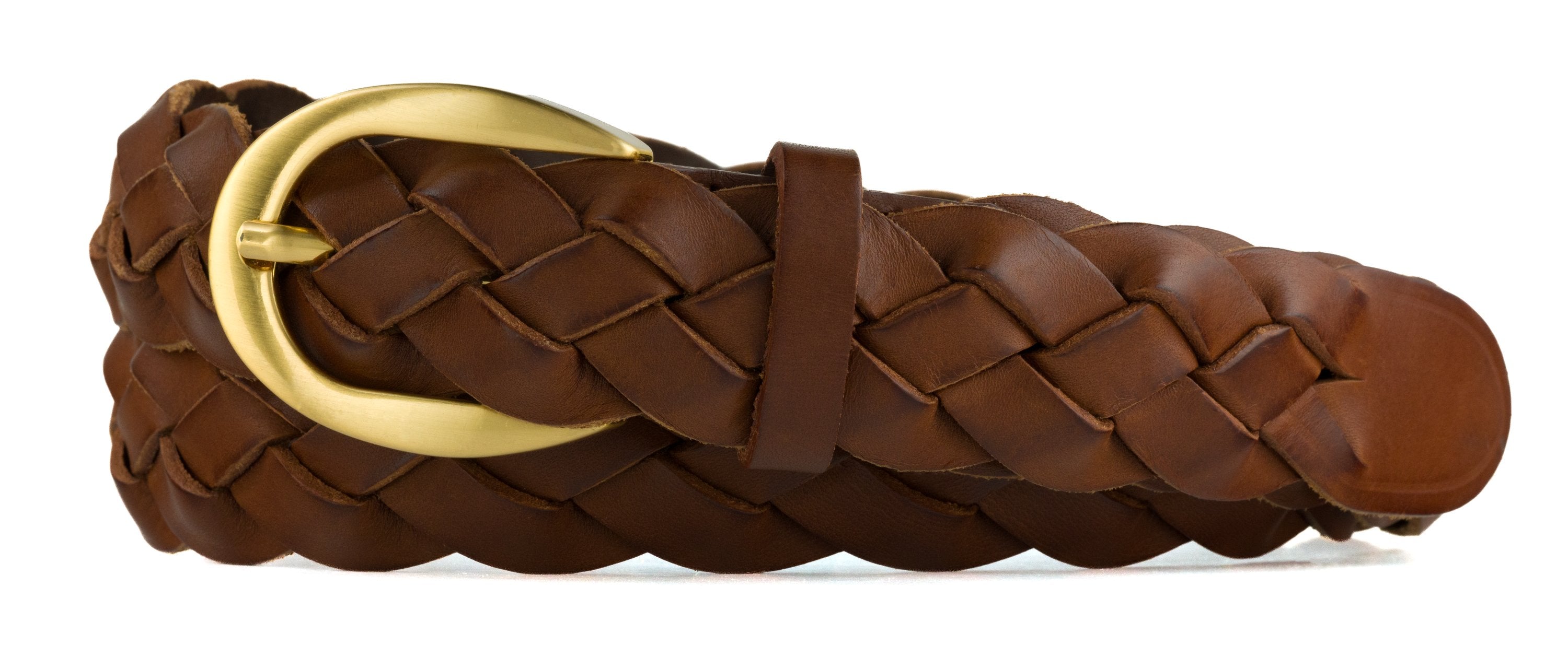 Braided Calf Belt with Brushed Gold Buckle - Cognac