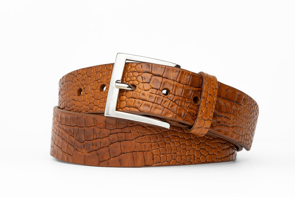 Embossed Single-Ply Calf Belt with Antique Silver Buckle