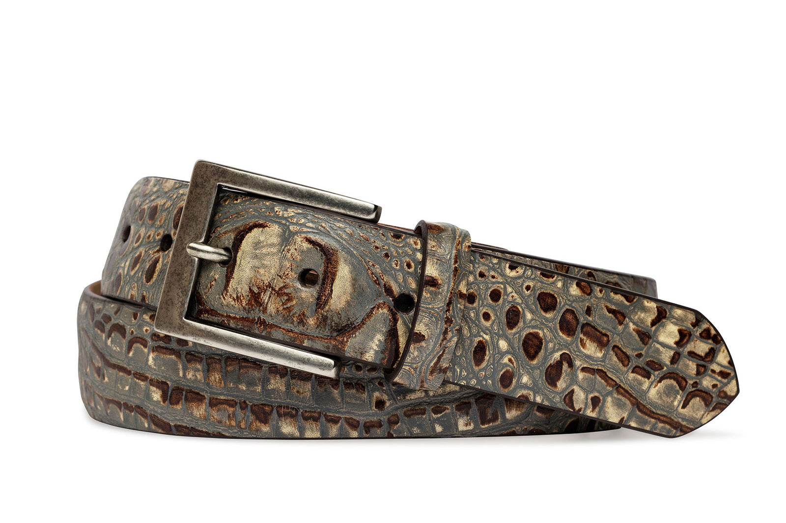 Embossed Washed Croc Belt with Antique Silver Buckle