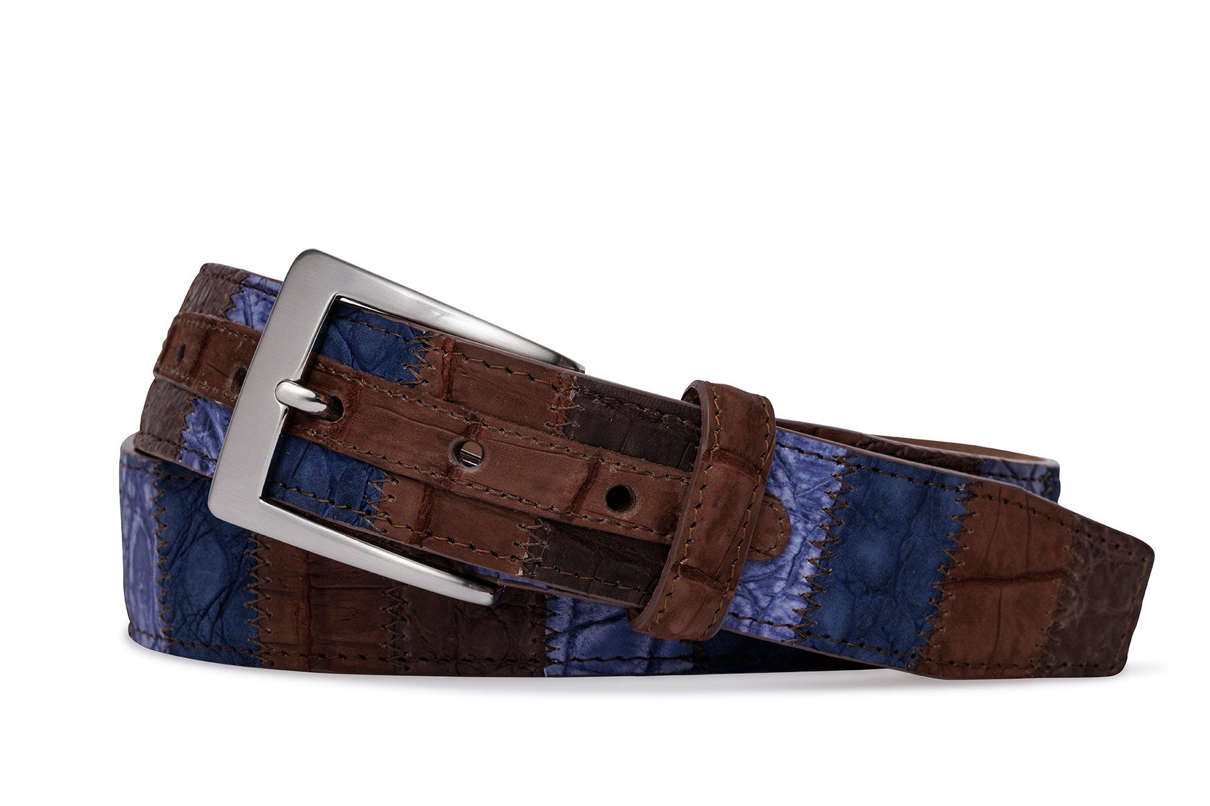 Vertical Patchwork Matte Alligator Belt with Brushed Nickel Buckle