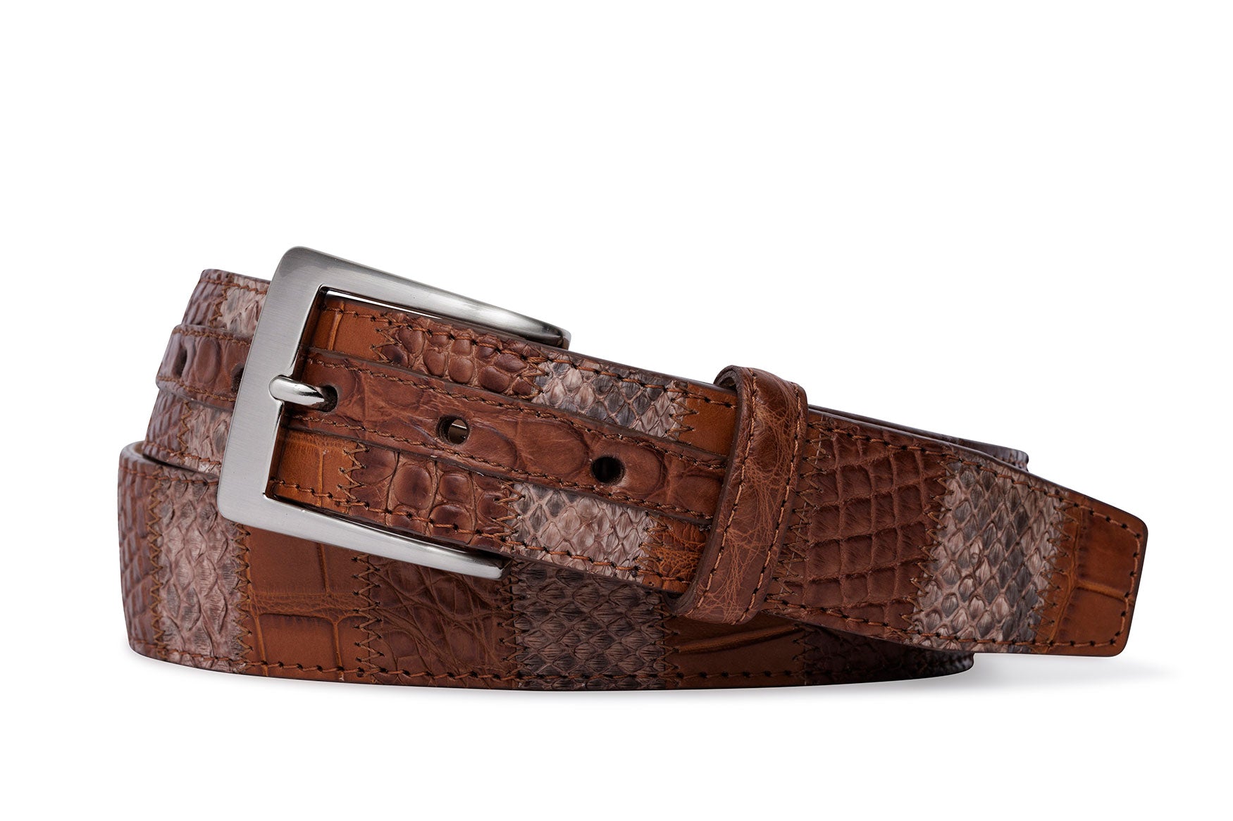 Vertical Patchwork Matte Alligator Belt with Brushed Nickel Buckle