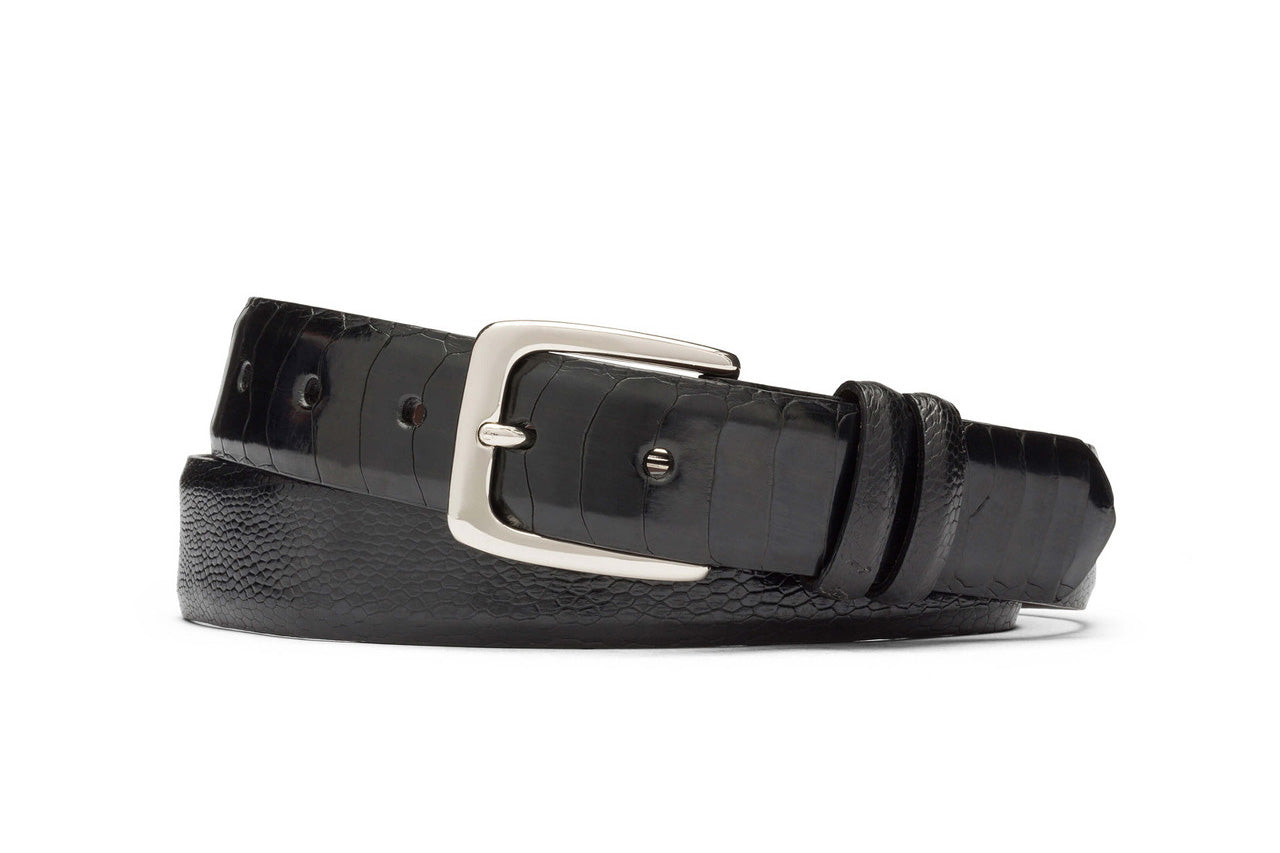 Black Ostrich Leg Belt with Nickel Buckle — w.kleinberg