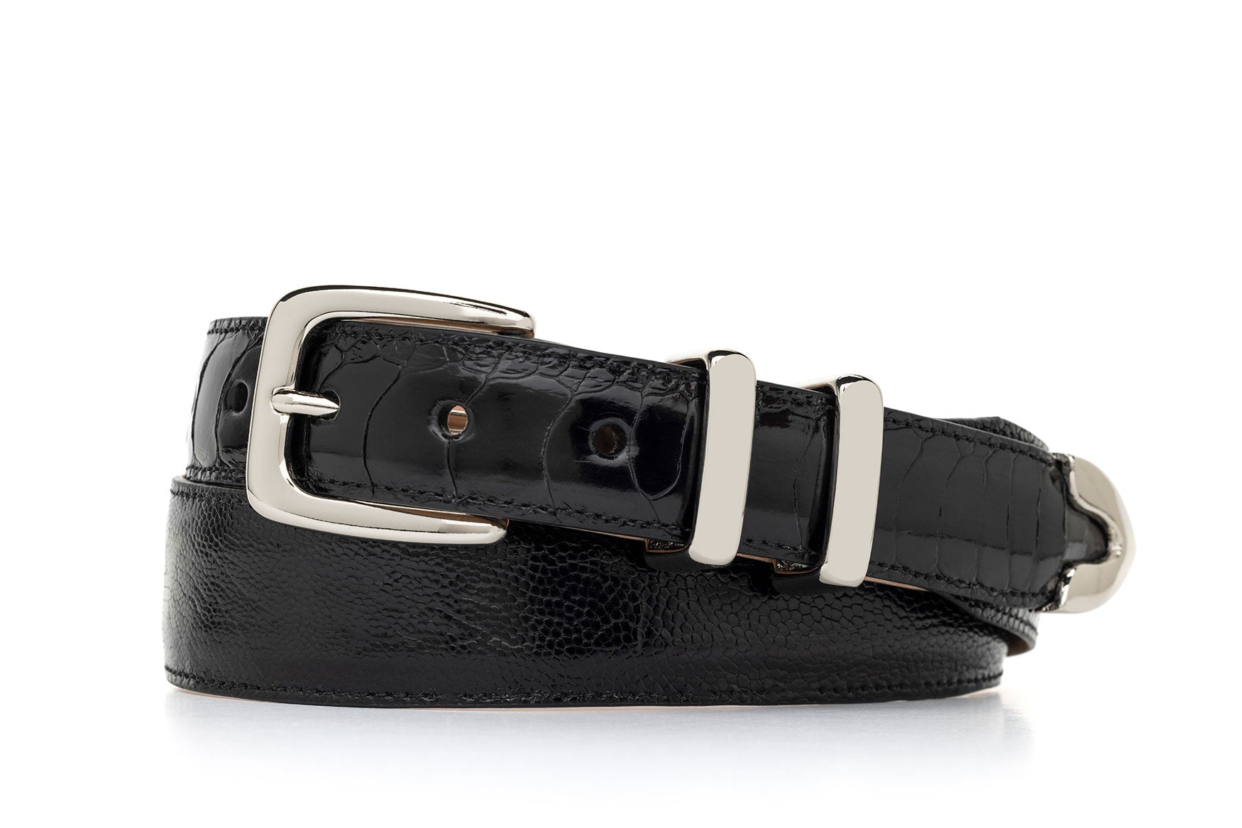 Black Tapered Ostrich Leg Golf Belt with Nickel Tip Set — w.kleinberg