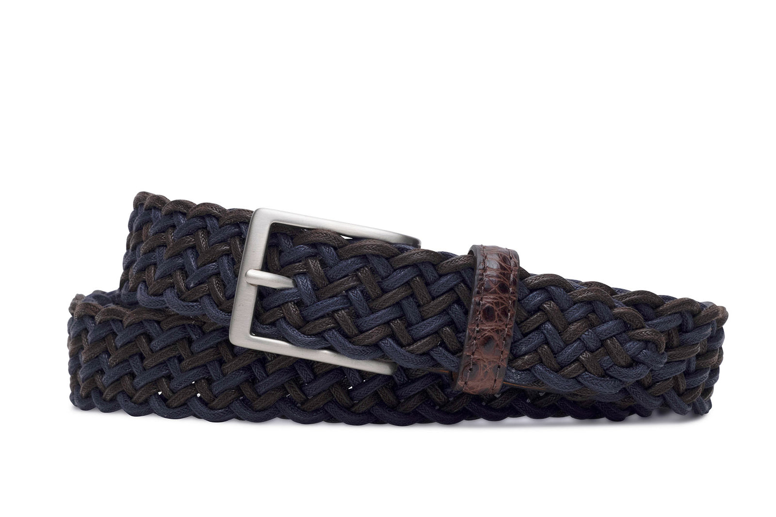 Blue Brown w.kleinberg cloth weave belt with crocodile tabs and brushed nickel buckle flat lay