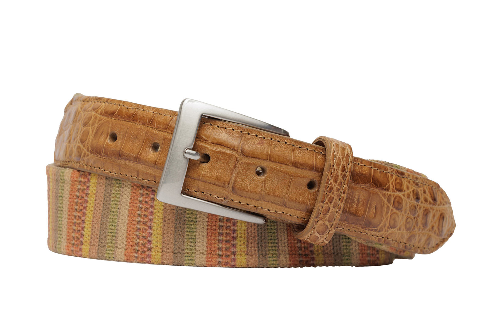 Canvas Stripes Belt with Crocodile Tabs and Brushed Nickel Buckle by w.kleinberg