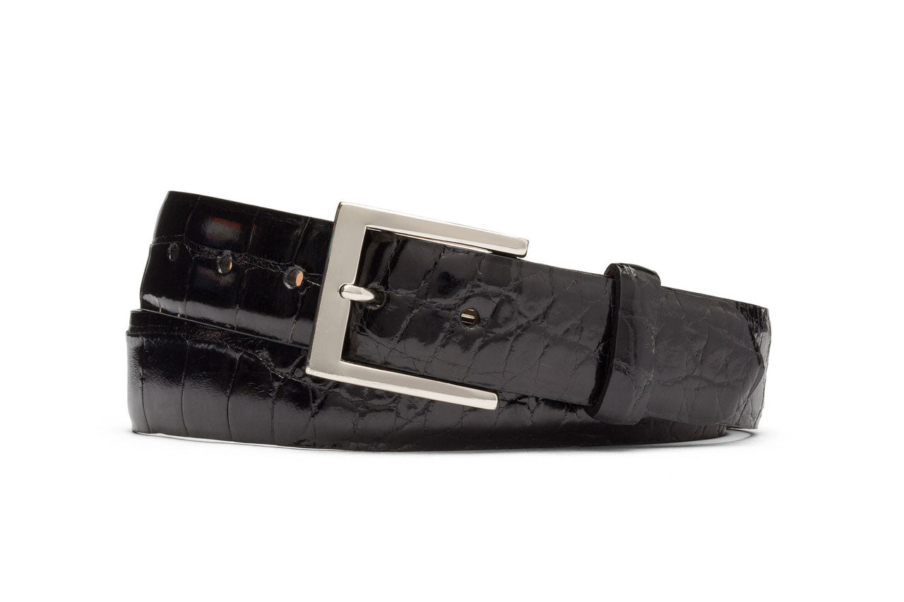 Extra-Long 1-3/8" Glazed American Alligator Belt with Nickel and Gold Buckles