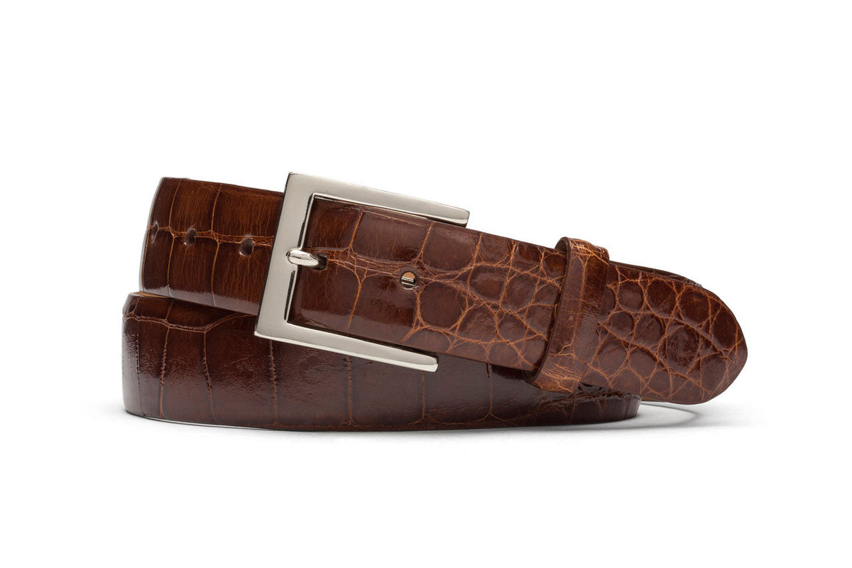 1-1/8&quot; Glazed American Alligator Belt with Nickel and Gold Buckles