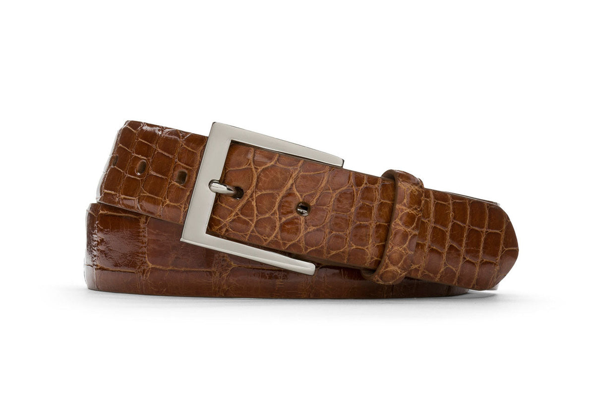 1-1/2&quot; Glazed American Alligator Belt with Nickel and Gold Buckles