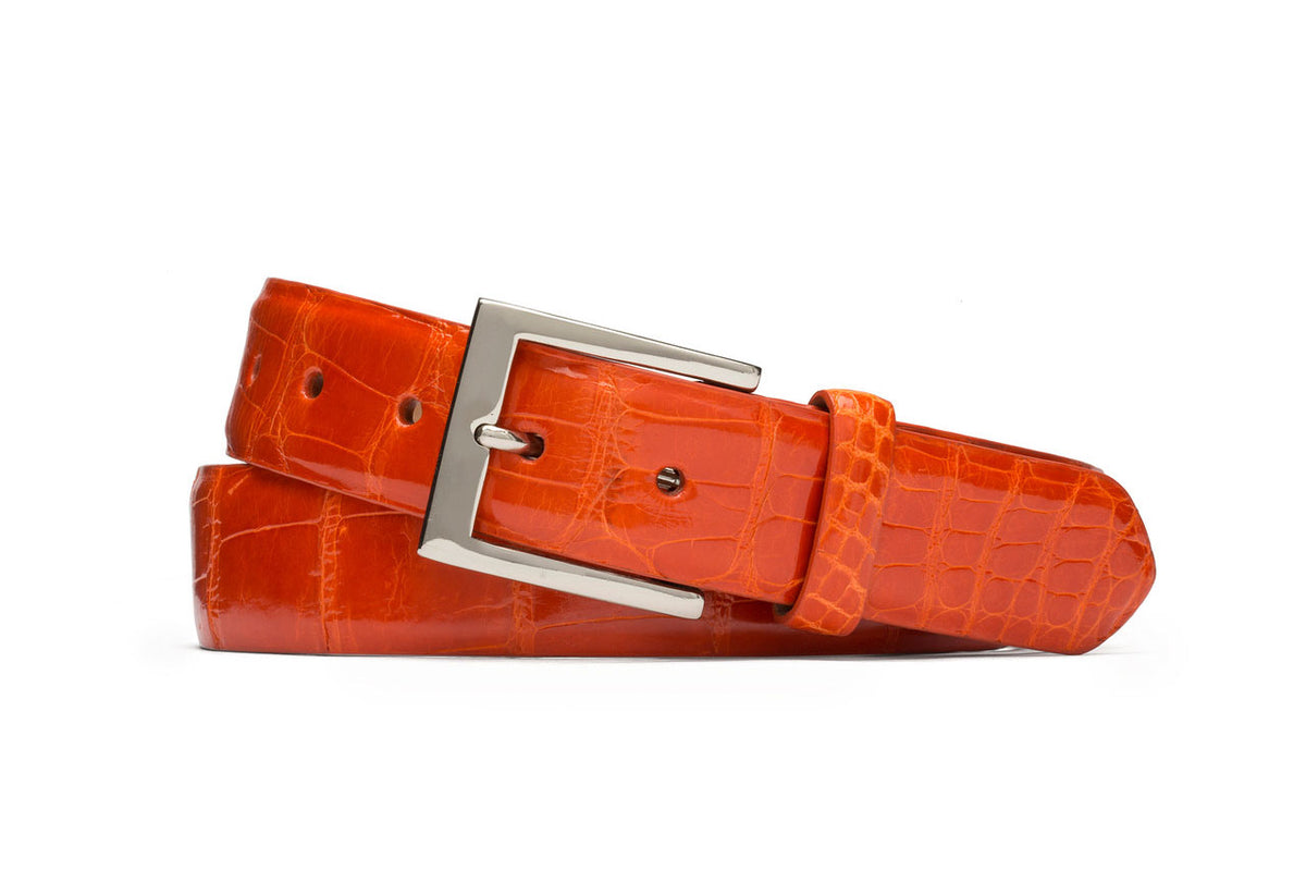 Glazed American Alligator Belt with Nickel and Gold Buckles