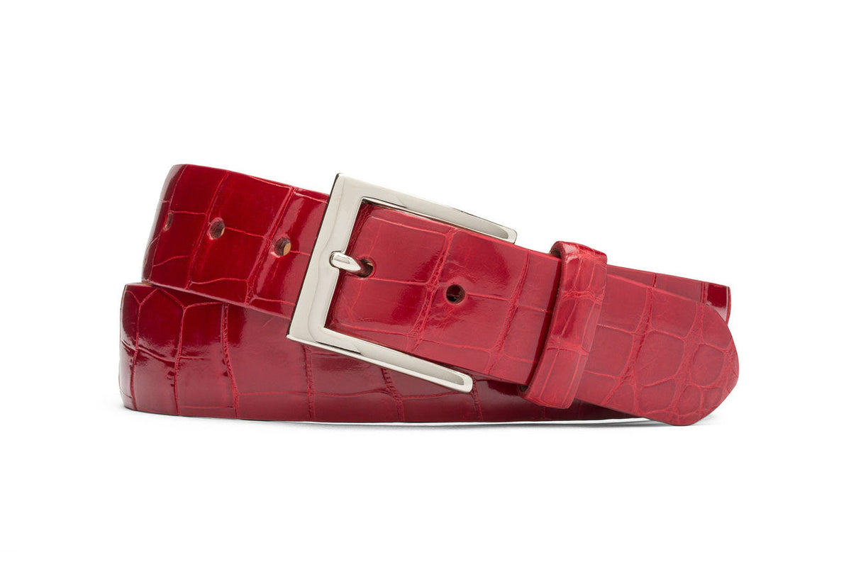 1-3/8 Glazed American Alligator Belt with Nickel and Gold Buckles