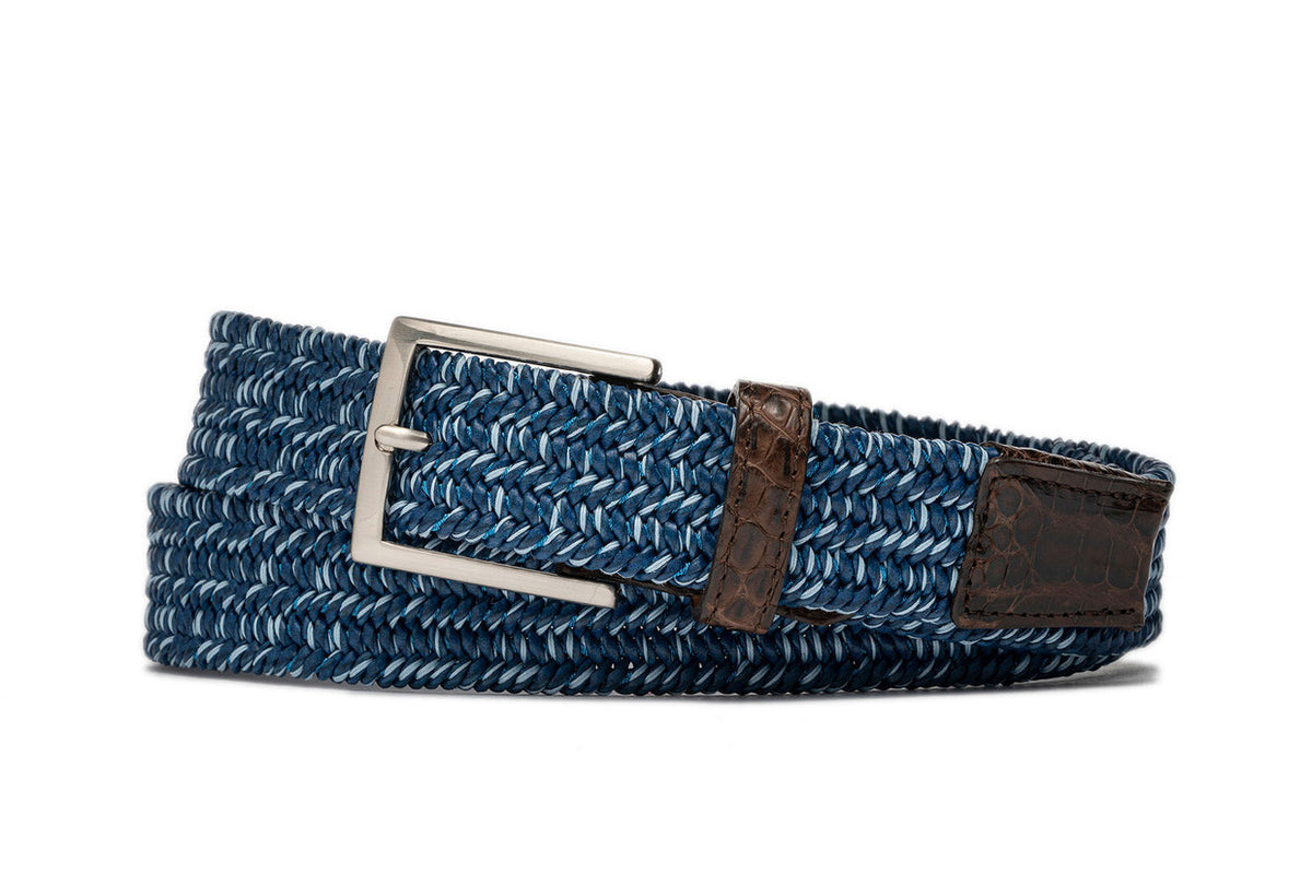Glacier stretch belt with genuine crocodile tabs and brushed nickel buckle w.kleinberg