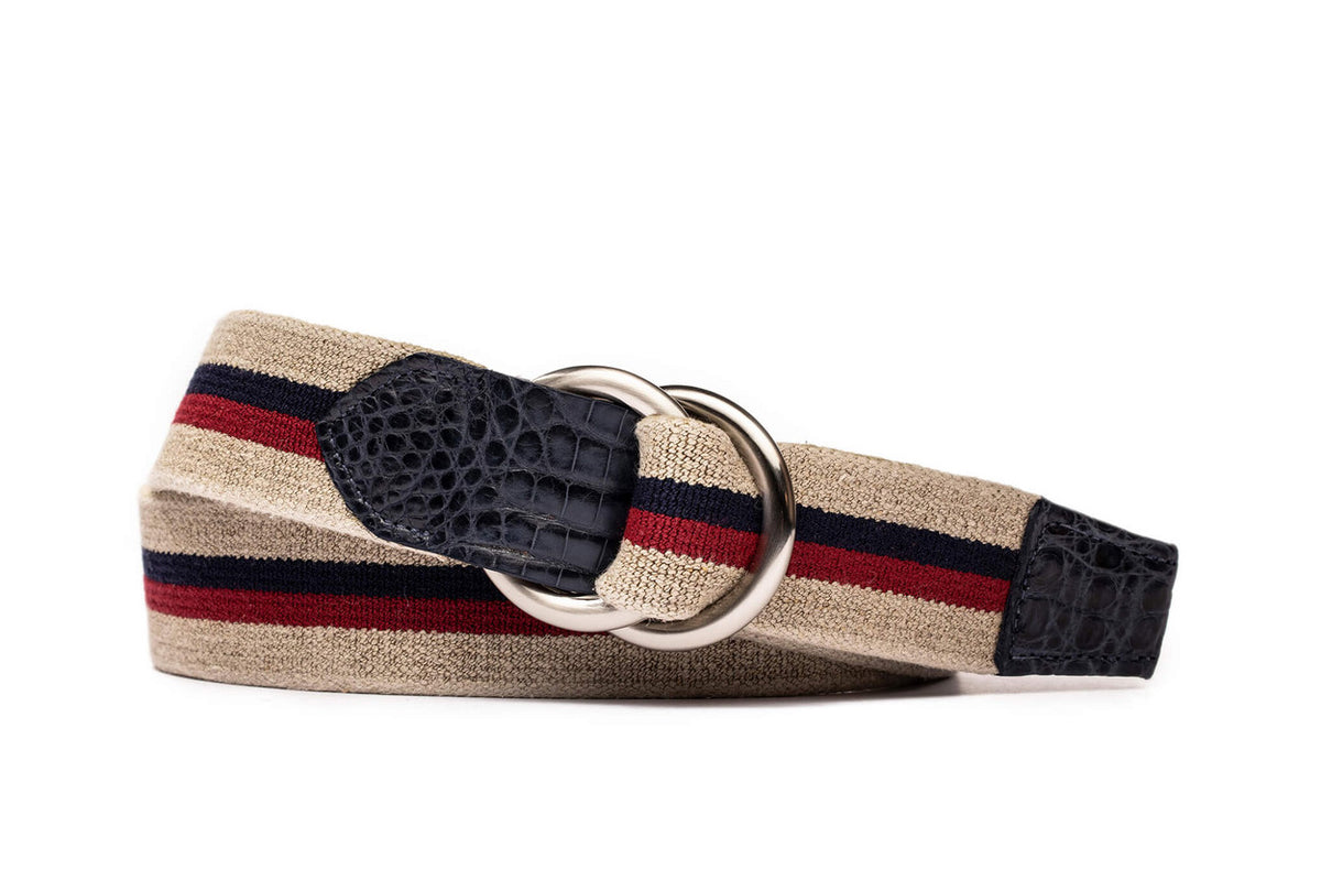 Linen Stretch Belt with Genuine Crocodile Tabs and O-ring Buckles w.kleinberg