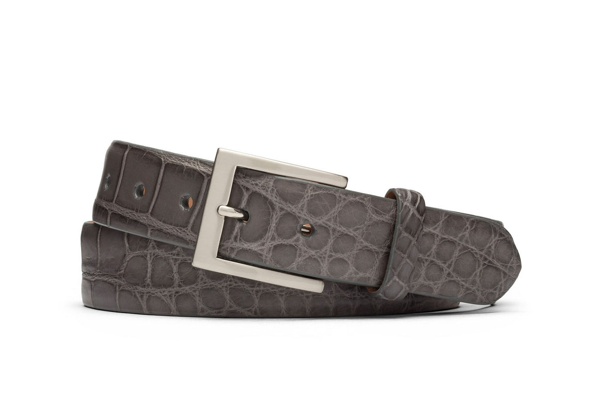 Matte American Alligator Belt with Brushed Nickel and Gold Buckle