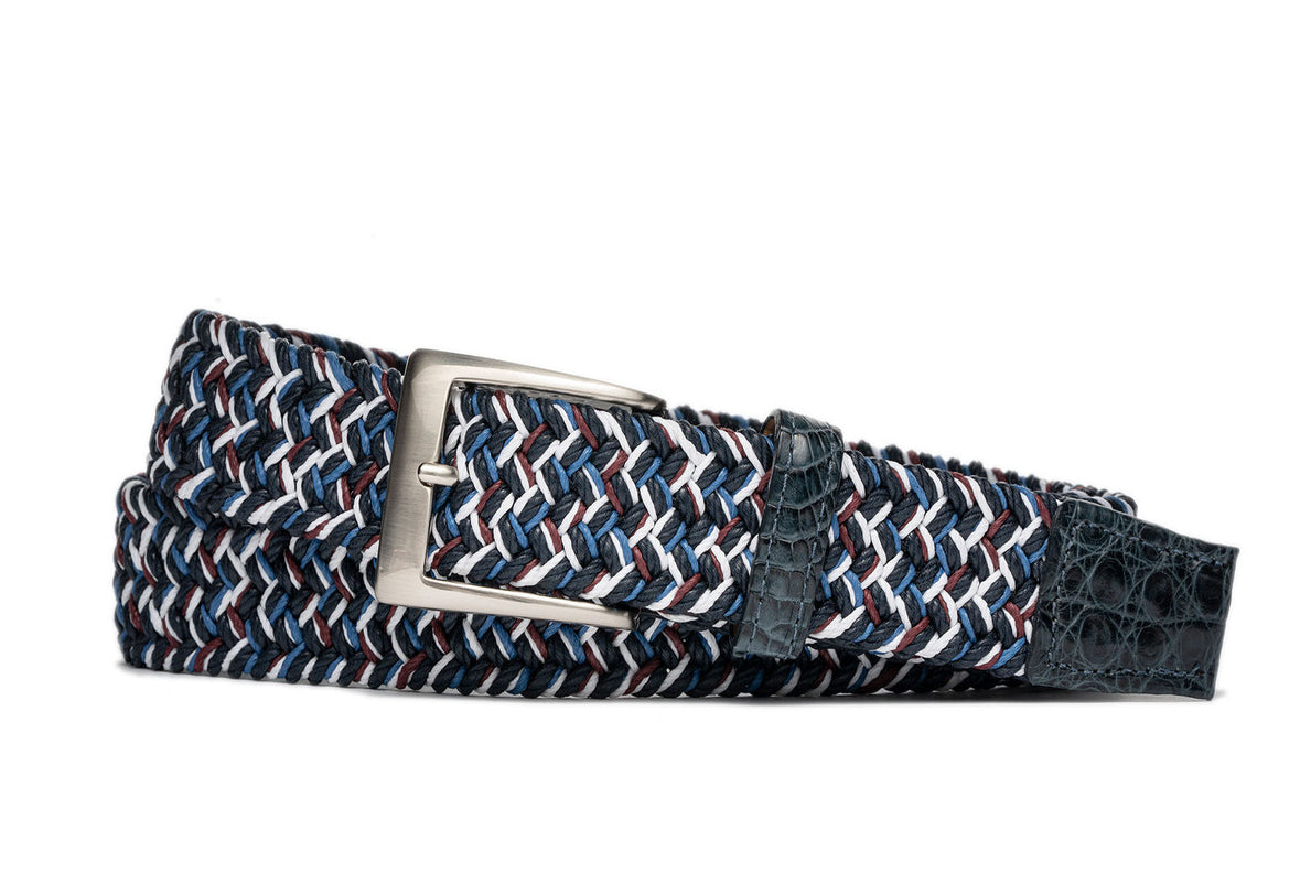 Marine blue stretch belt with genuine crocodile leather tabs and brushed nickel buckle w.kleinberg