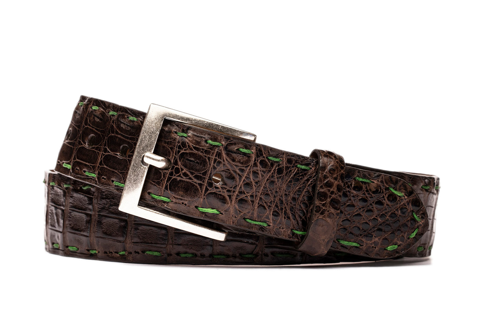 Matte Caiman Crocodile Belt with Off-White Stitching and Antique Nickel Buckle w.kleinberg