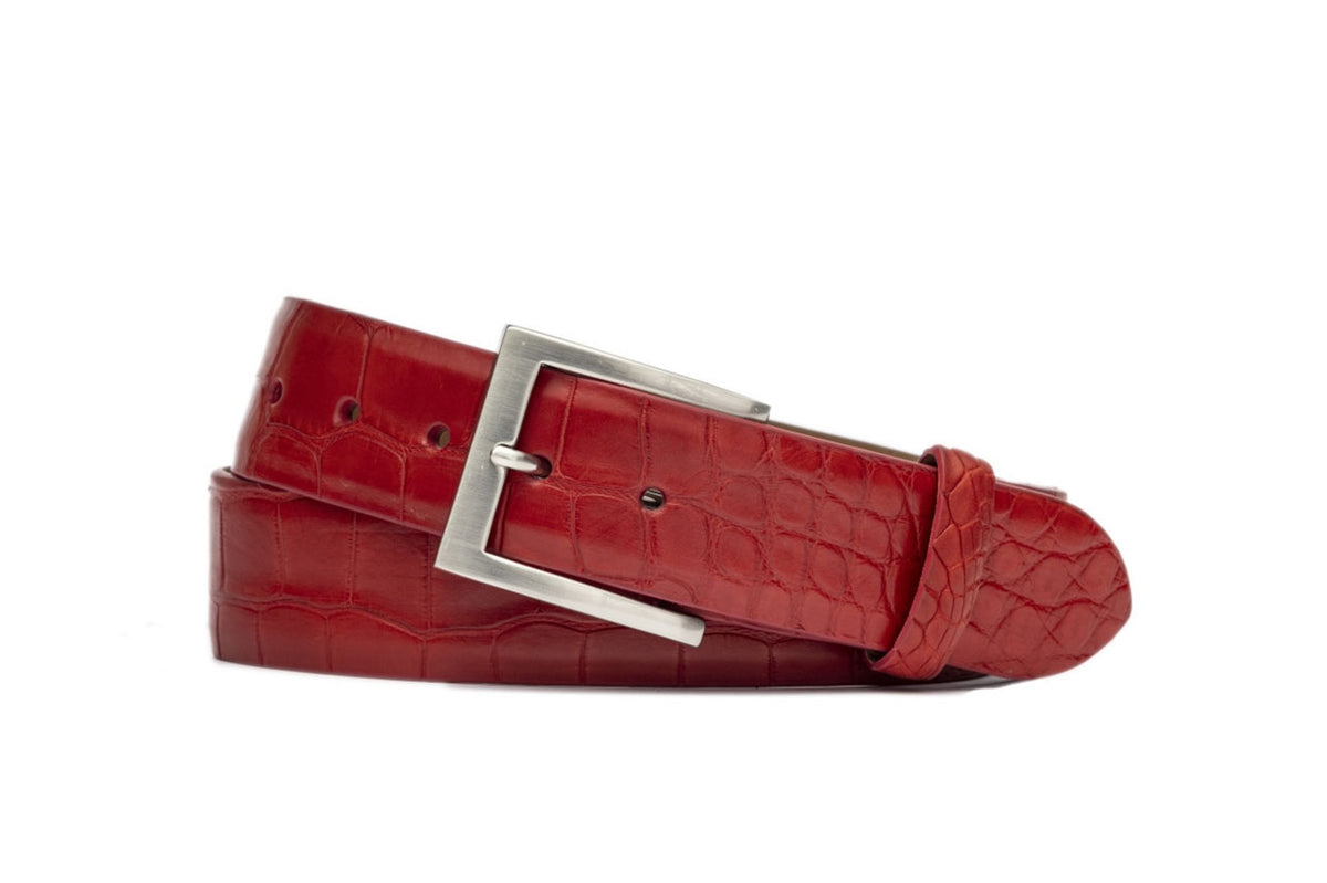 Matte American Alligator Belt with Brushed Nickel and Gold Buckle