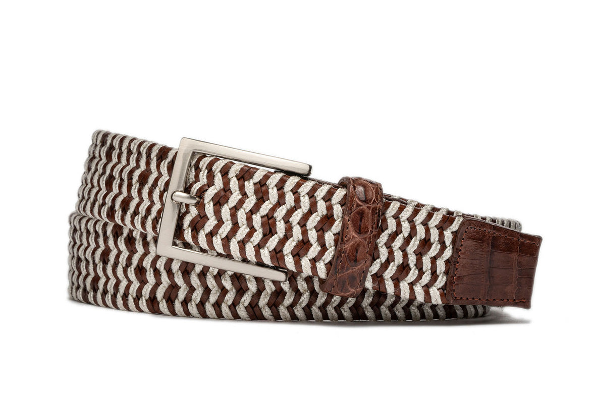 Pearl Leather Stretch Belt with Crocodile Tabs w.kleinberg