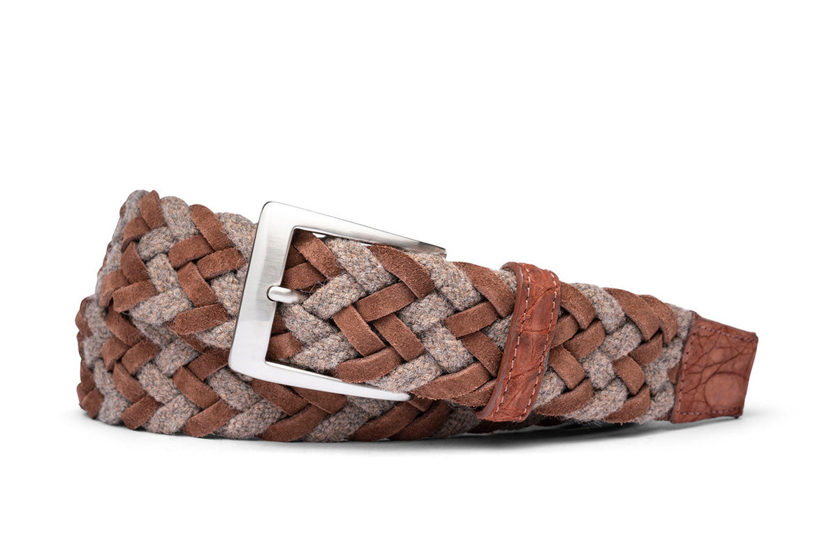 Rust woven belt with genuine sueded crocodile tabs and brushed nickel buckle w.kleinberg