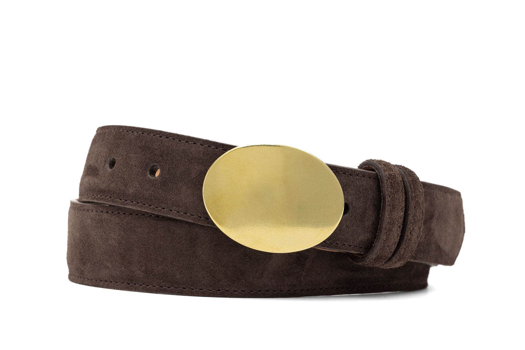 W.Kleinberg Luxury Handcrafted Chocolate Suede Calf Belt for Business Casual Wear - Satin brass oval buckle in Sueded calf