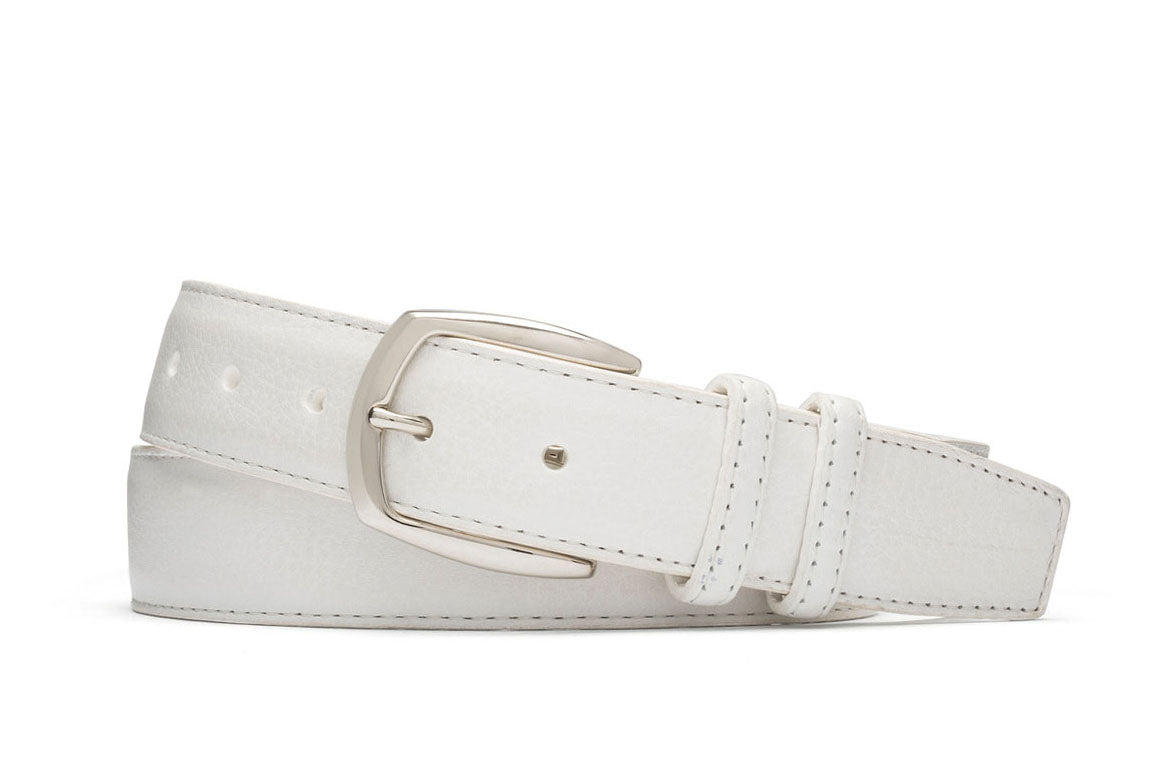 White pebbled calf leather belt with nickel buckle and nubuck lining handcrafted in USA