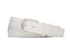 White pebbled calf leather belt with nickel buckle and nubuck lining handcrafted in USA