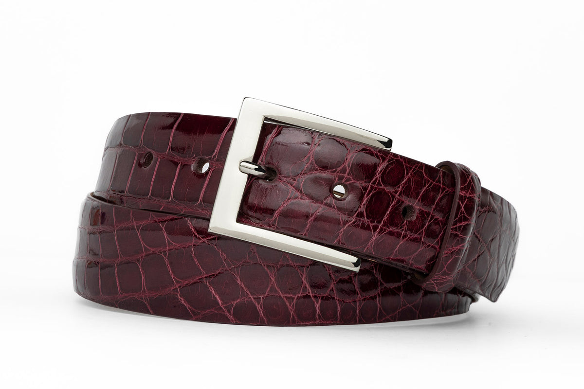 w.kleinberg 1-3/8 inch glazed American alligator belt with 2 nickel and gold buckles