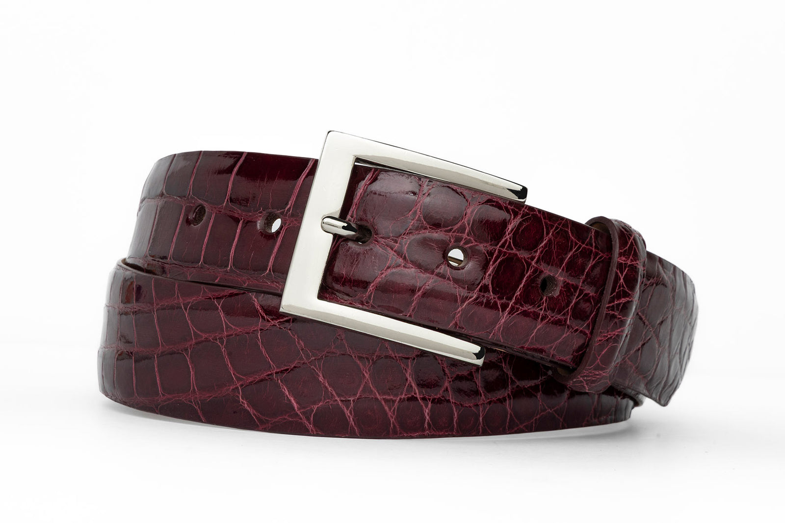 w.kleinberg 1-3/8 inch glazed American alligator belt with 2 nickel and gold buckles