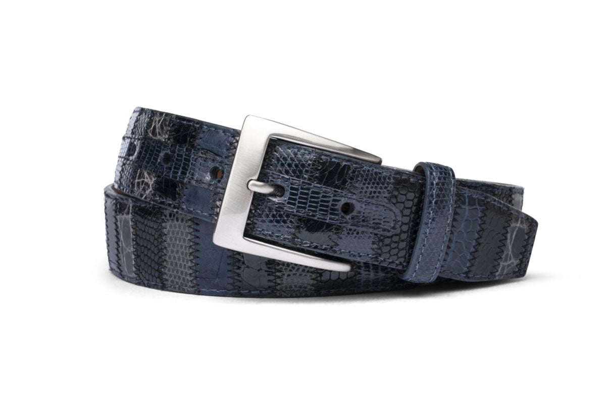 Men's W.Kleinberg genuine alligator and lizard vertical patchwork belt with a nickel-plated buckle and nubuck lining.