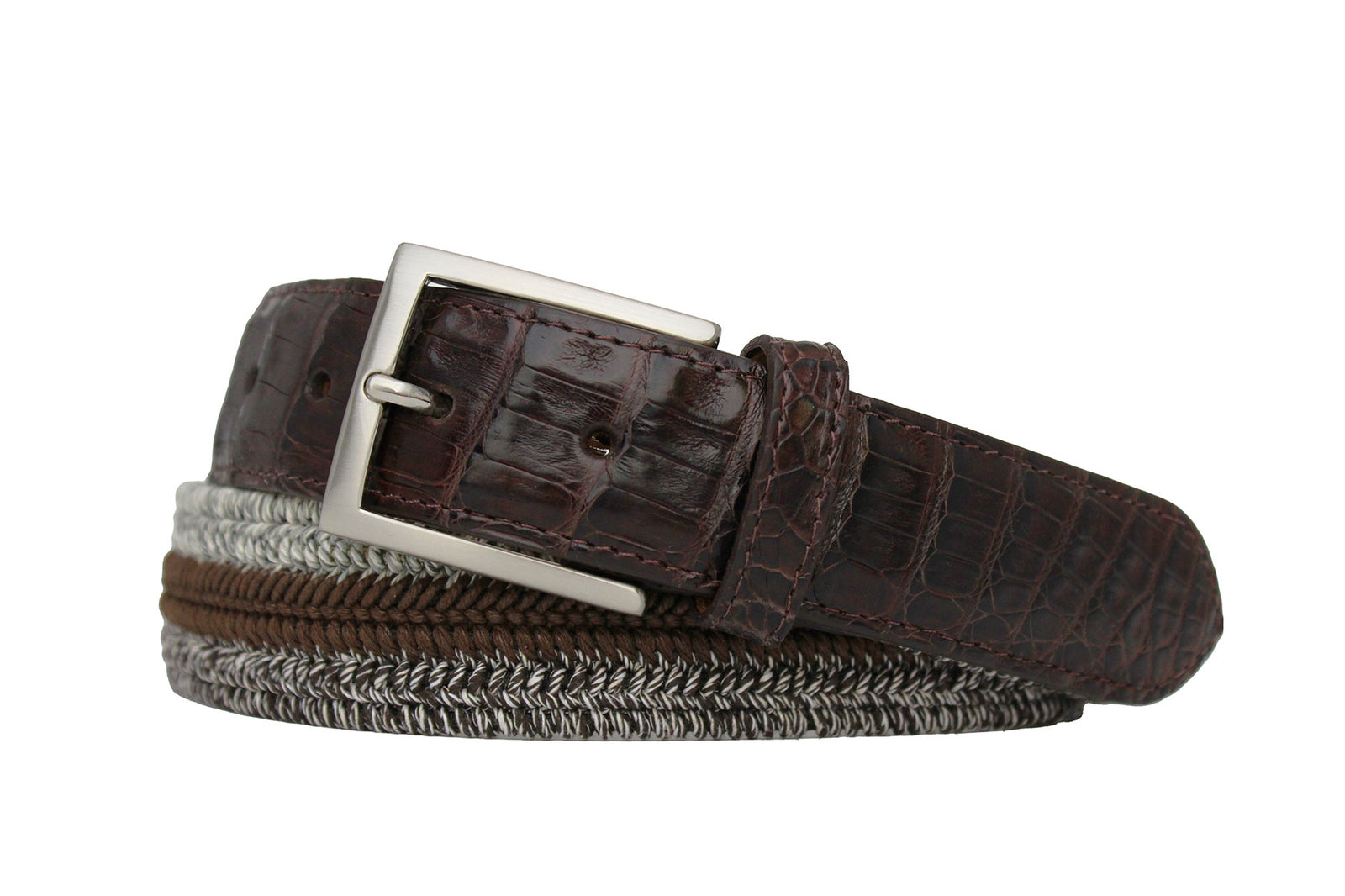 Brown Triple Stretch Belt with Long Croc Tabs and Brushed Nickel Buckle