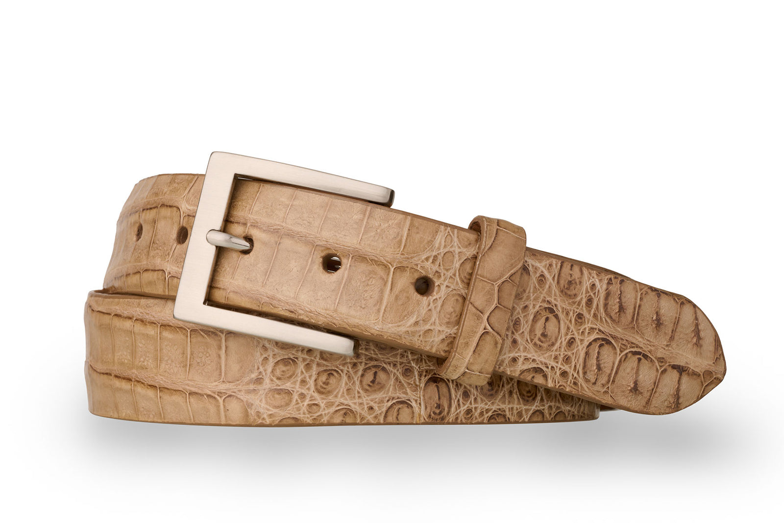 w.kleinberg Caiman crocodile belt with brushed nickel buckle flat lay