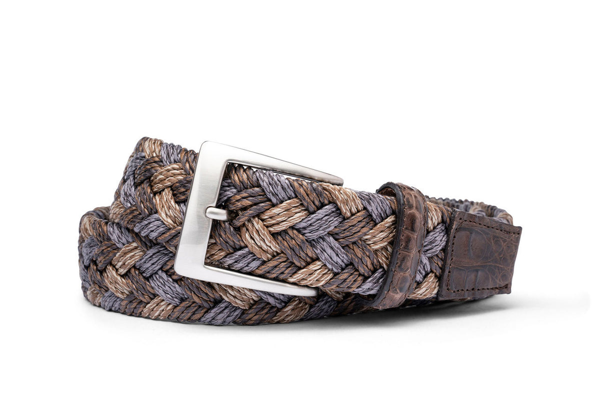 w.kleinberg French khaki woven belt with genuine crocodile tabs and brushed nickel buckle flat lay