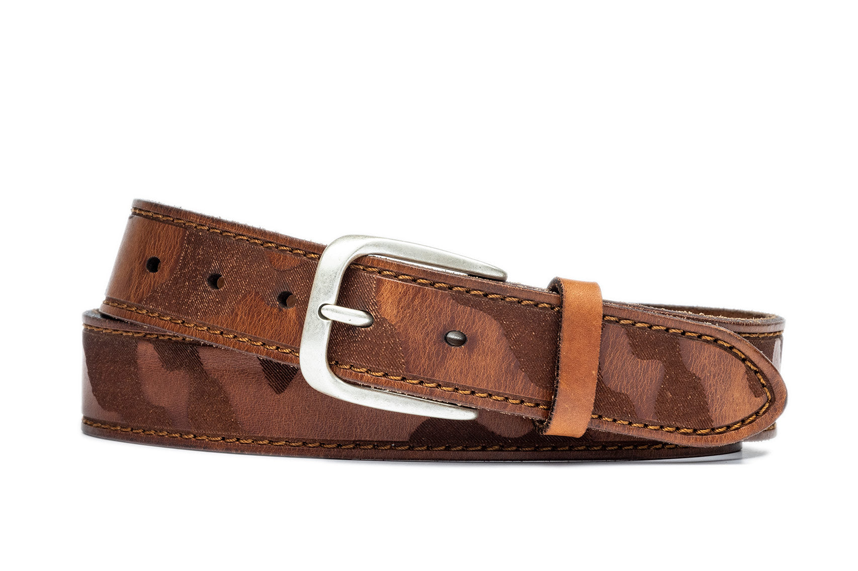 w.kleinberg Italian Skived Camo Belt with Antiqued Nickel Buckle flat lay