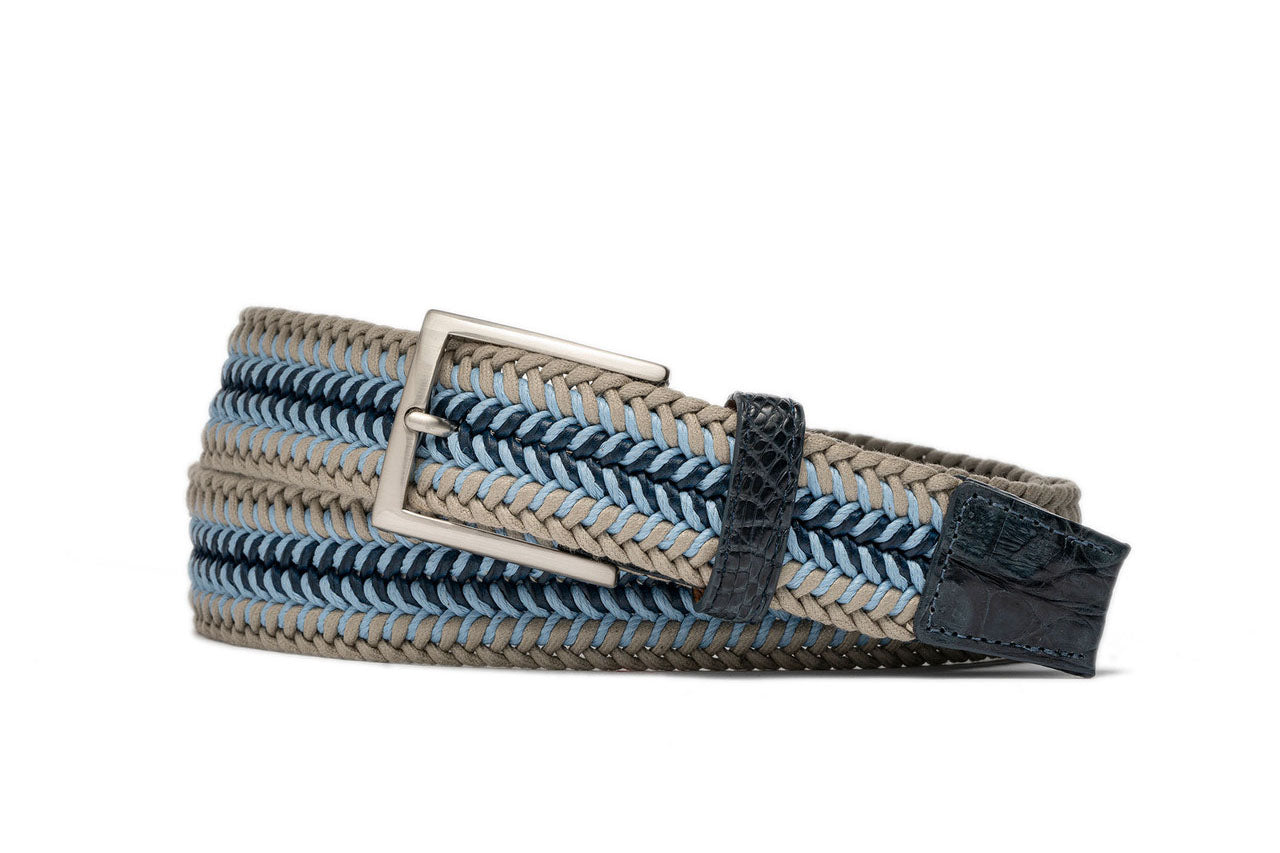 w.kleinberg Shoreline Stretch Belt with Genuine Crocodile Tabs and Brushed Nickel Buckle