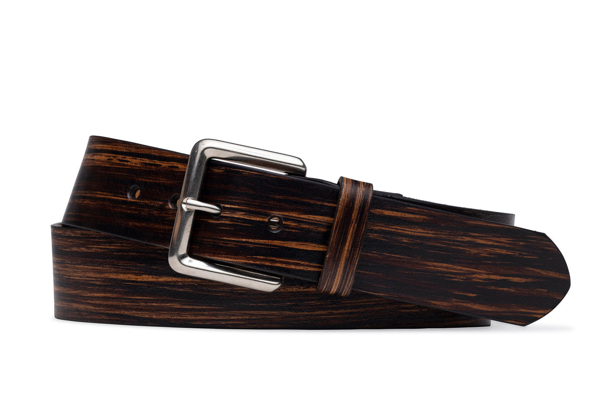 w.kleinberg Striped Calf Belt with Antique Nickel Buckle in brown showing single-ply construction
