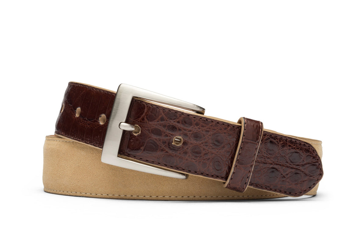 Suede and Caiman Crocodile Belt with Nickel Buckle