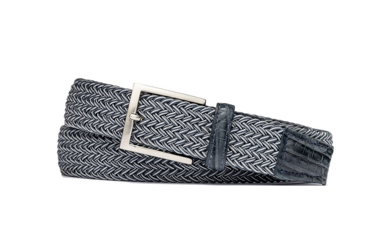 w.kleinberg blue stripe stretch belt with crocodile tabs and brushed nickel buckle flat lay