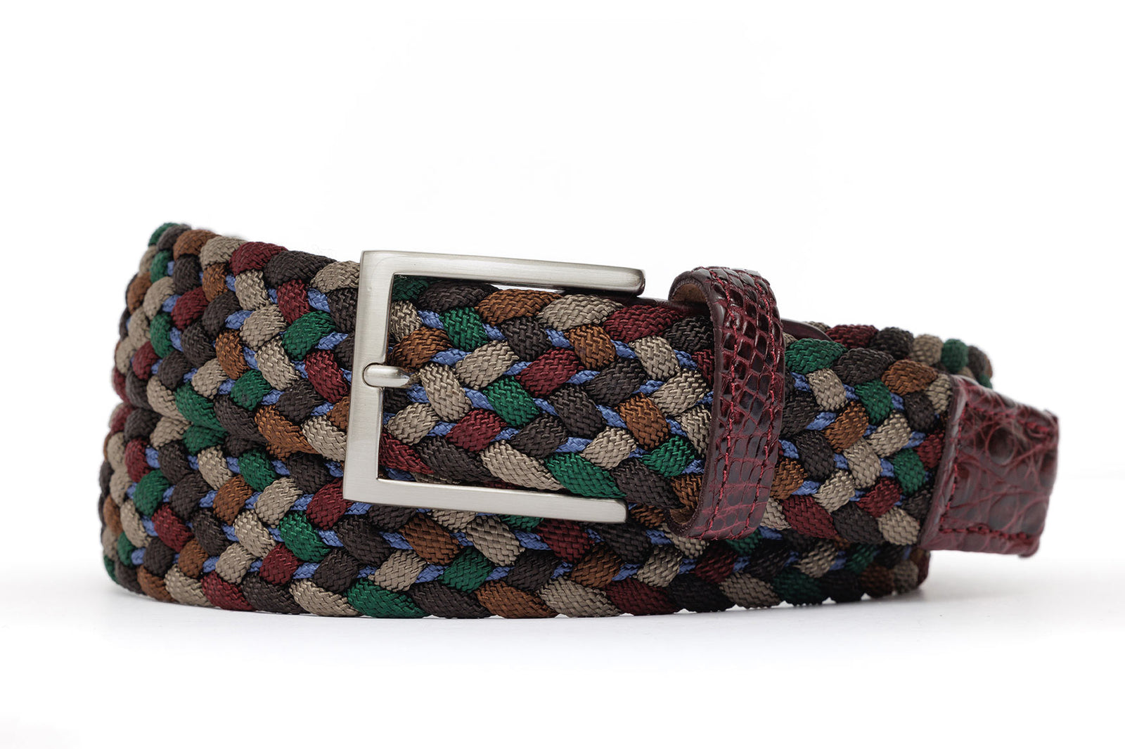 w.kleinberg cloth weave belt with crocodile tabs and brushed nickel buckle flat lay