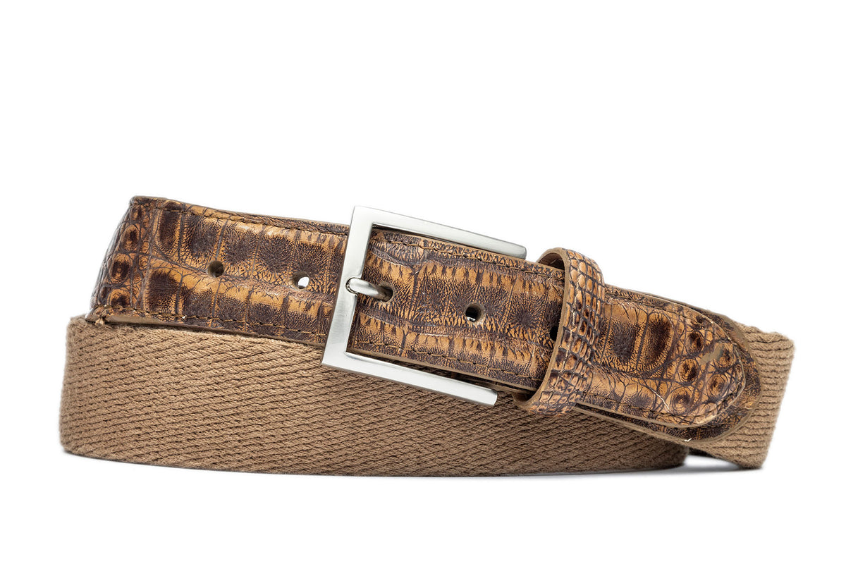 w.kleinberg cotton weave belt with crocodile tabs and brushed nickel buckle