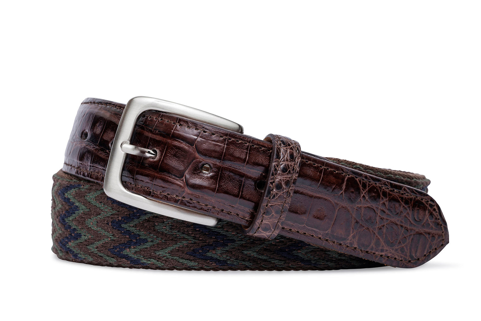 w.kleinberg ethnic chevron cotton weave belt with crocodile tabs and brushed nickel buckle