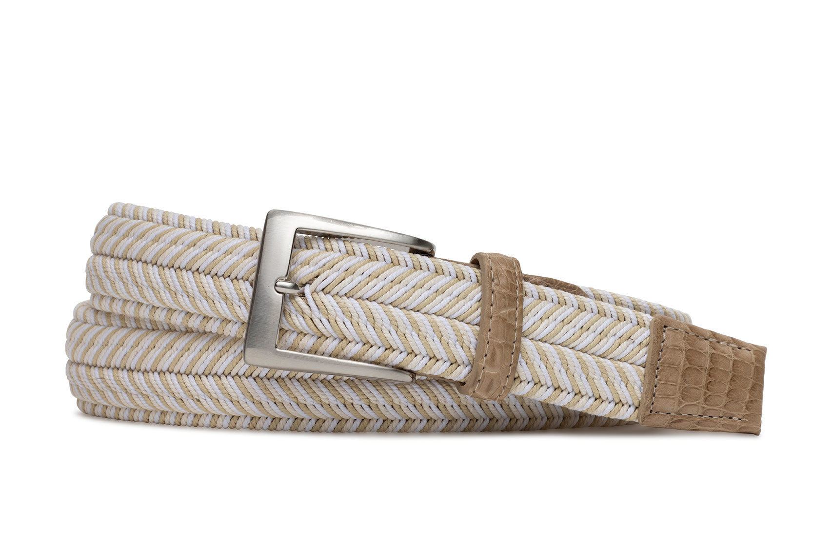 w.kleinberg frost beige stretch belt with crocodile tabs and brushed nickel buckle flat lay