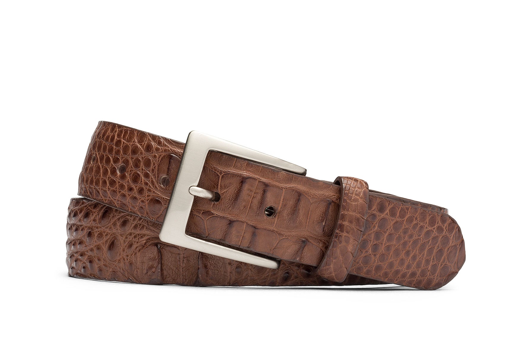 w.kleinberg hornback alligator belt with brushed nickel buckle flat lay

