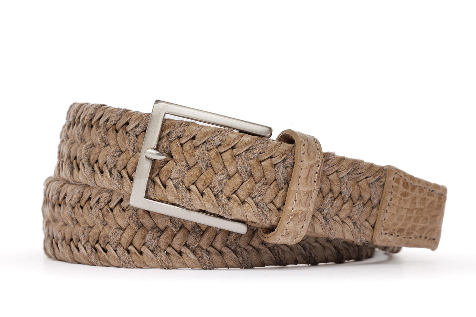 w.kleinberg leather and straw belt with crocodile tabs and brushed nickel buckle