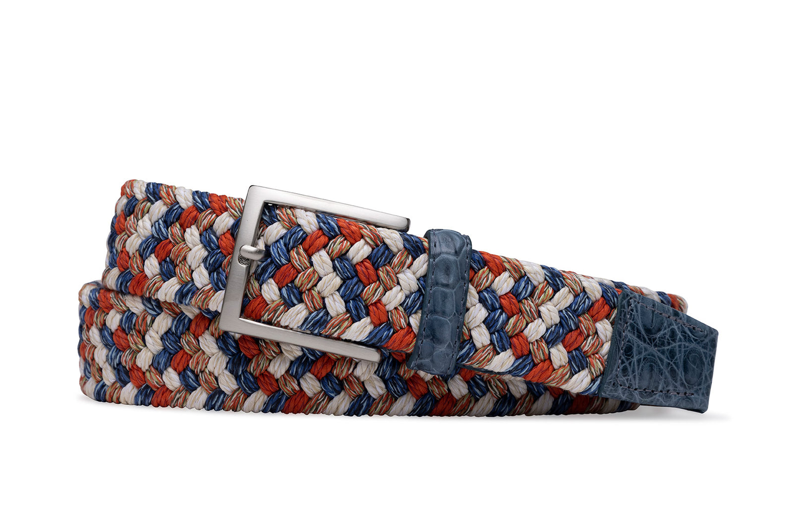 w.kleinberg scarlet blue woven stretch belt with genuine crocodile leather tabs and brushed nickel buckle