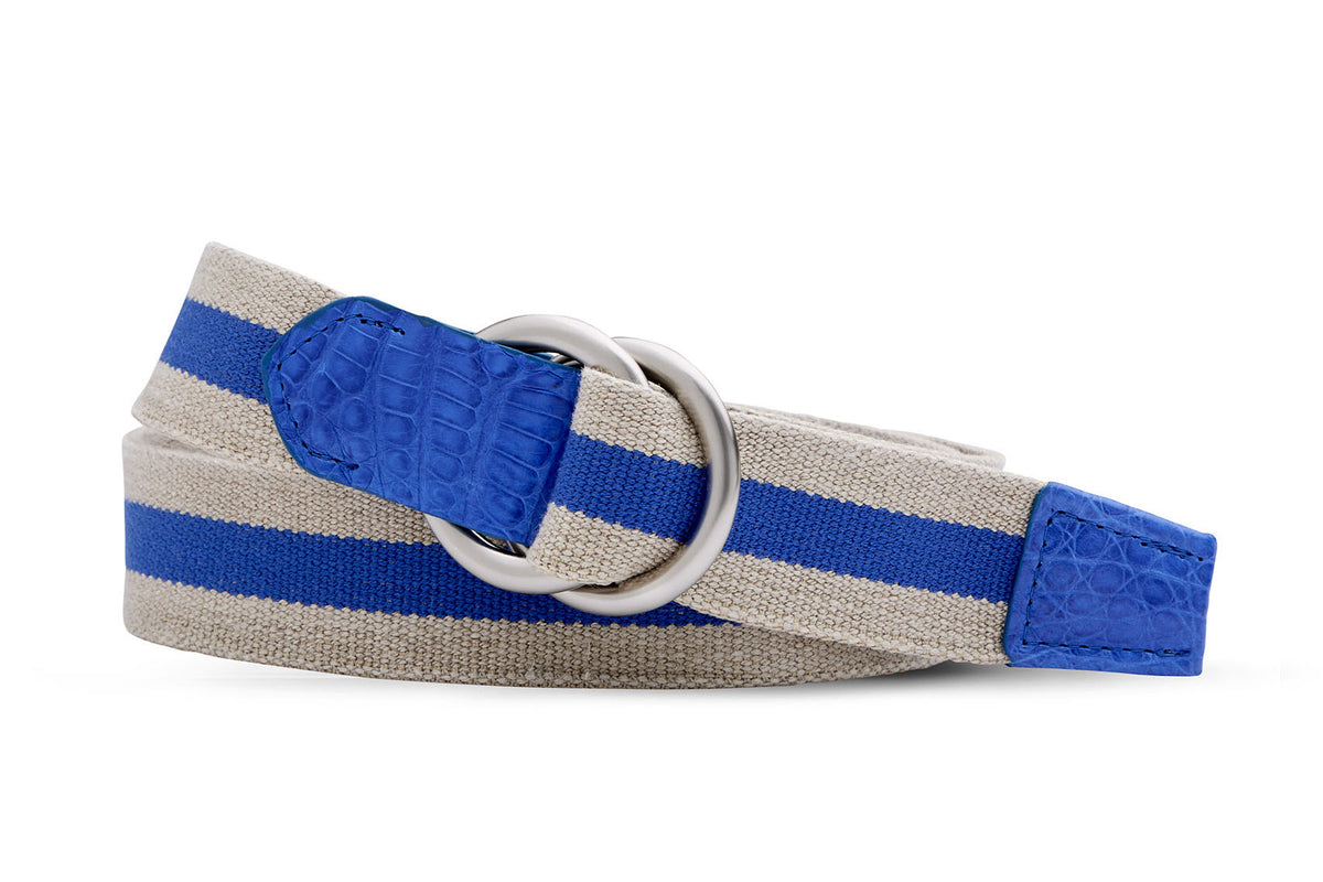 w.kleinberg striped linen stretch belt with crocodile tabs and brushed nickel O-ring buckles
