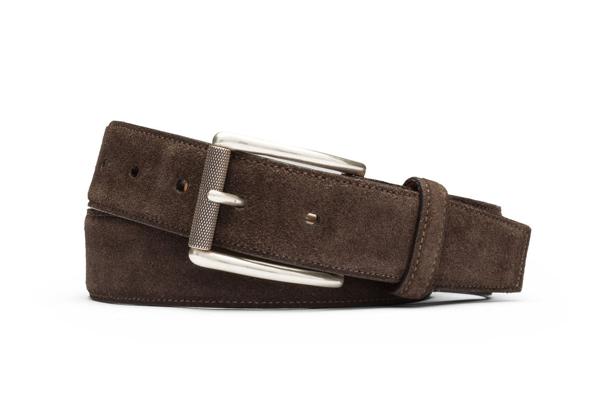 w.kleinberg suede calf belt with nickel roller buckle in chocolate brown