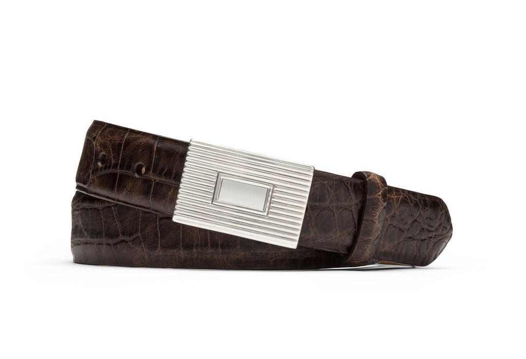 Distressed Embossed Crocodile Belt with Plaque Buckle - w.kleinberg