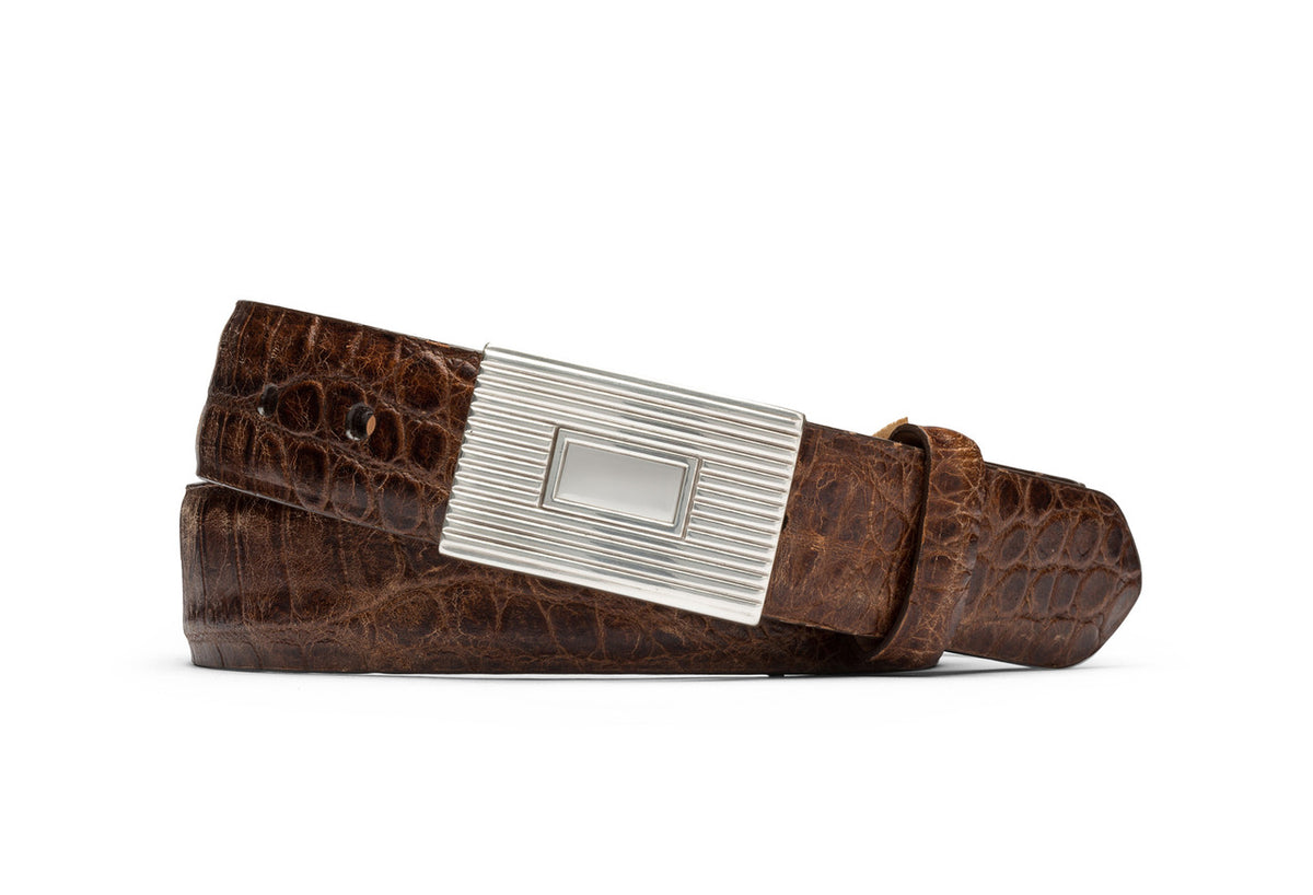 Distressed Embossed Crocodile Belt with Plaque Buckle