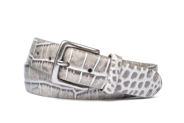 W.KLEINBERG Gray Leather Embossed Crocodile Pattern Wide Belt Covered Buckle L Caiman Crocodile Belt with Covered Buckle - w.kleinberg main image 3