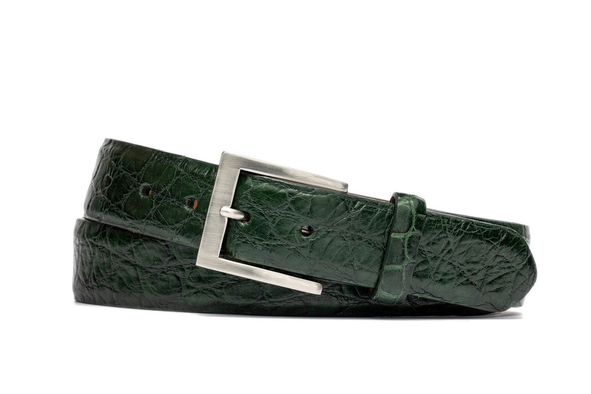 1-1/8&quot; Matte American Alligator Belt with Brushed Nickel and Gold Buckles
