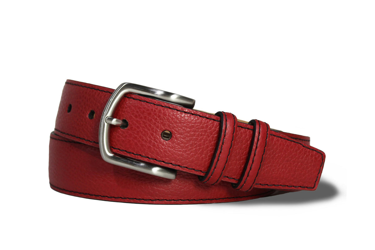 Contrast Stitch Pebbled Calf Belt with Nickel Buckle